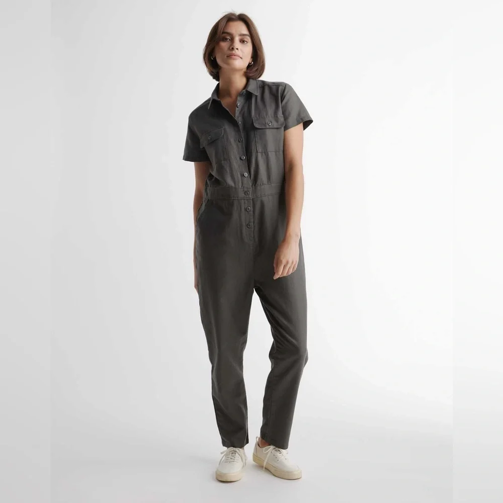 NWT Quince Cotton Linen Twill Coverall Women's Gray Jumpsuit Size Medium